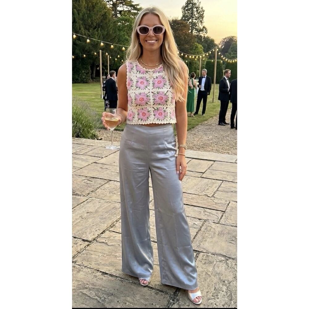 Palazzo Silver Gray Satin Wide Leg Pants 27 Waist Silk Y2K Date Night Cocktail